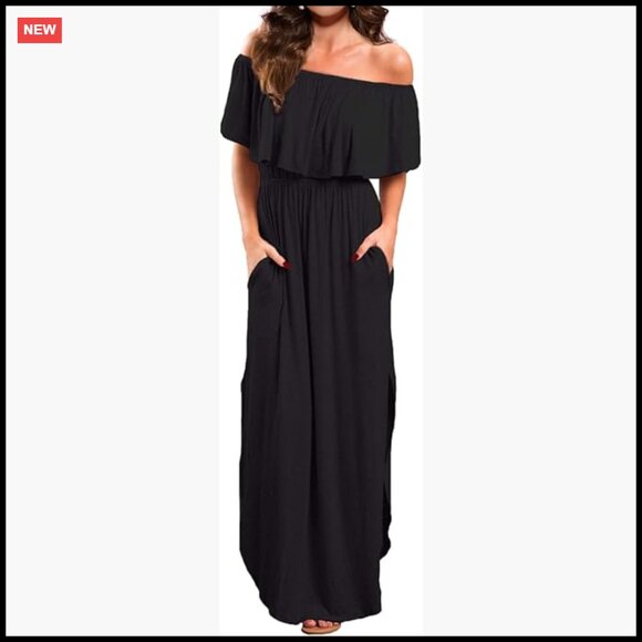 Dresses & Skirts - Off Shoulder Ruffle Maxi Dress with Pockets Summer Casual Elegant Beach Wear